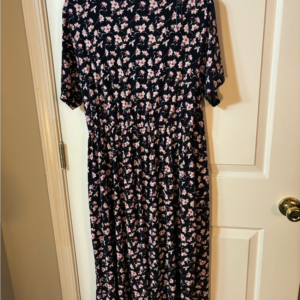 Navy blue midi dress with pink and white flowers
